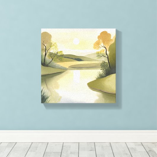 River Sunrise | Waterverf geel Canvas Afdruk (Insitu (Houten vloer))