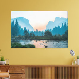    River Valley Glow – Forest & Mountain Calm Canvas Afdruk