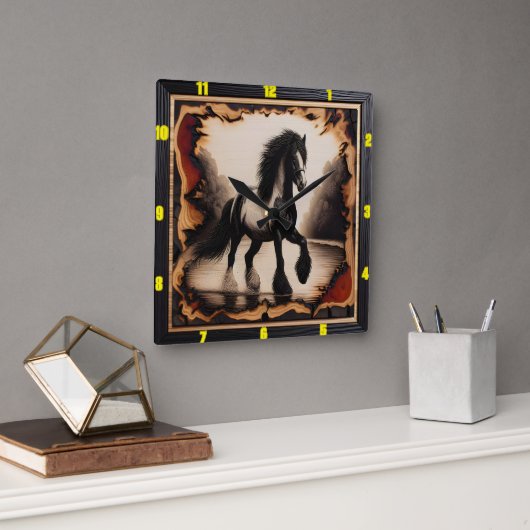 Riverbank Monochrome: Charred Wood Gypsy Vanner Vierkante Klok (Kantoor)