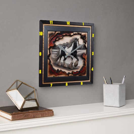 Riverbank Trot: verkoolde houten zigeuner Vanner Vierkante Klok (Kantoor)