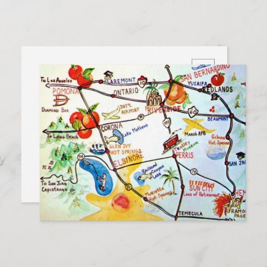 Riverside - Californië Kleurrijke Kaart (Voorkant / Achterkant)