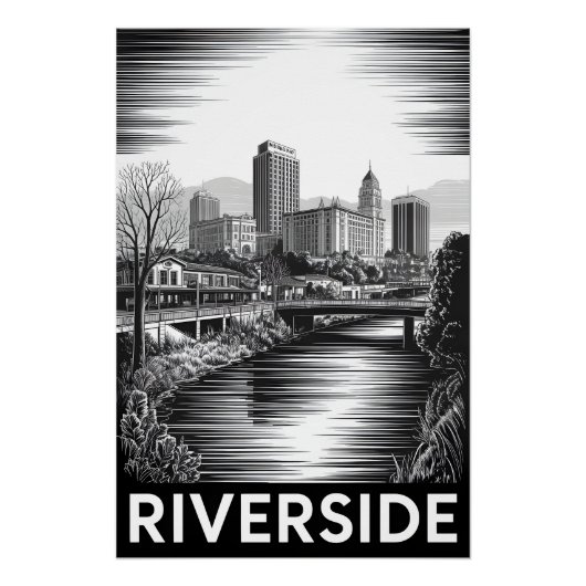 Riverside Californië Zwart Wit Houtsnede Perfect Poster (Voorkant)