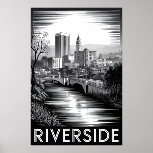 Riverside Californië Zwart Wit Houtsnede Poster (Voorkant)