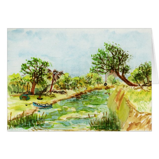 Riverside Campsite Waterverf Painting (Voorkant Horizontaal)