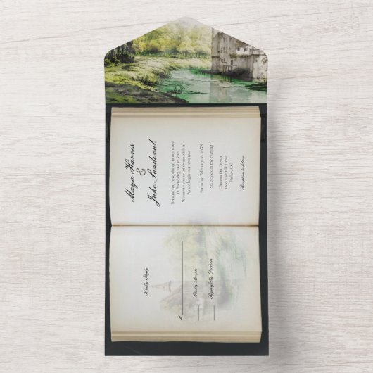 Riverside Fairytale Boek Huwelijksuitnodiging All In One Uitnodiging (Binnen)