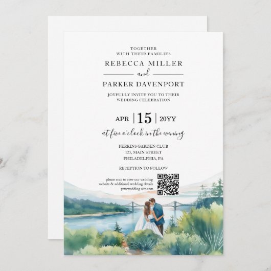 Riverside moderne bruiloft QR-code Kaart (Voorkant / Achterkant)