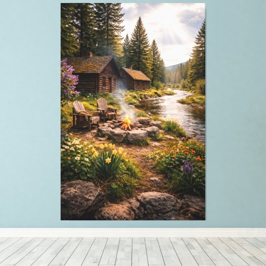 Riverside Serenity – Cinematic Cabin Canvas Print (Insitu (Houten vloer))