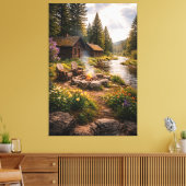 Riverside Serenity – Cinematic Cabin Canvas Print (Insitu (Woonkamer))