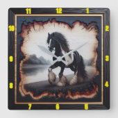 Riverside Trot: verkoolde houten zigeuner Vanner Vierkante Klok (Voorkant)