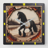 Riverside Trot: verkoolde houten zigeuner Vanner Vierkante Klok (Voorkant)