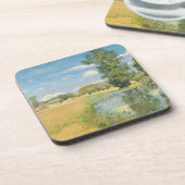 Rivier door een oogstlandschap, zomer bier onderzetter (Linkerzijde)