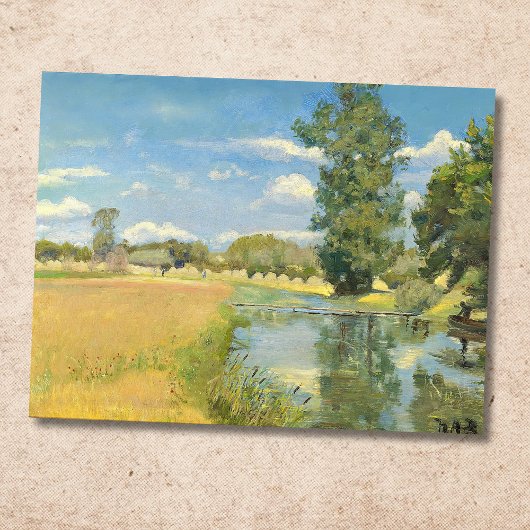 Rivier door een oogstlandschap, zomer briefkaart