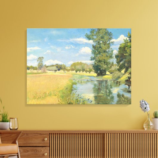 Rivier door een oogstlandschap, zomer canvas afdruk (Insitu (Woonkamer))