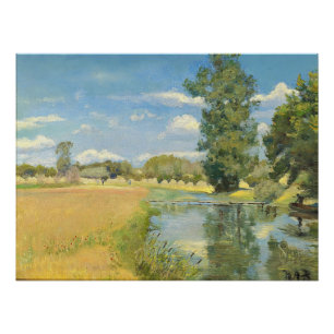 Rivier door een oogstlandschap, zomer perfect poster