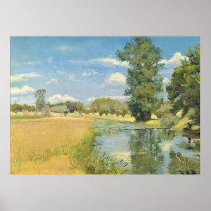 Rivier door een oogstlandschap, zomer poster