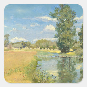 Rivier door een oogstlandschap, zomer vierkante sticker