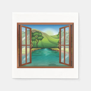 Rivier door een open raam papieren servetten