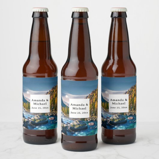 Rivier en Bergen Schitterende Fotobruiloft Bier Etiket (Flessen)