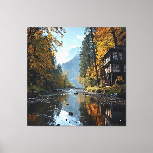 Rivier- en boslandschap met rustieke woning canvas afdruk (Voorkant)