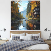 Rivier- en boslandschap met rustieke woning canvas afdruk (Insitu (Slaapkamer))