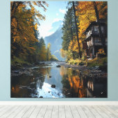 Rivier- en boslandschap met rustieke woning canvas afdruk (Insitu (Houten vloer))