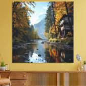 Rivier- en boslandschap met rustieke woning canvas afdruk (Insitu (Woonkamer))