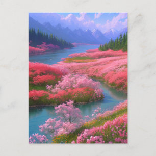 Rivier en roze bloemen in een bergachtige vallei briefkaart