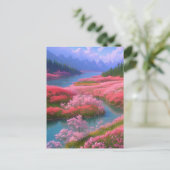 Rivier en roze bloemen in een bergachtige vallei briefkaart (Staand voorkant)