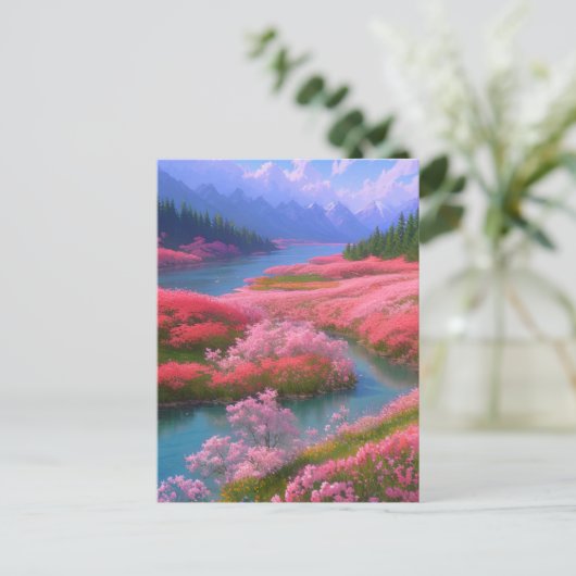 Rivier en roze bloemen in een bergachtige vallei briefkaart (Staand voorkant)