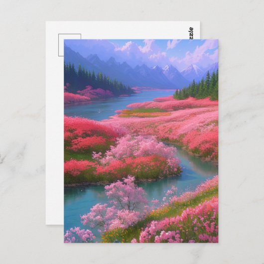 Rivier en roze bloemen in een bergachtige vallei briefkaart (Voorkant / Achterkant)