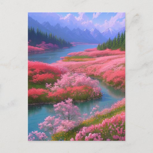 Rivier en roze bloemen in een bergachtige vallei briefkaart (Voorkant)