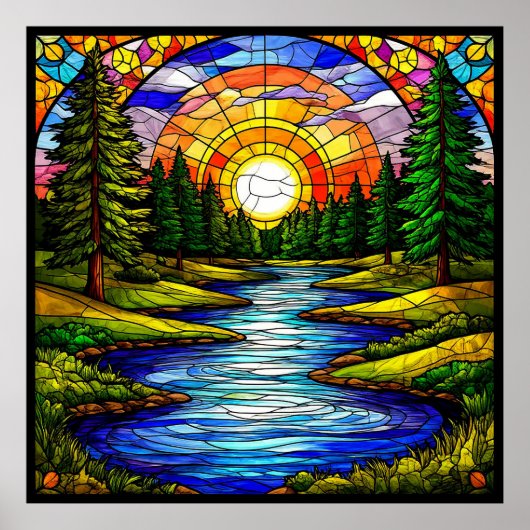 Rivier in een bos bij zonsondergang poster (Voorkant)