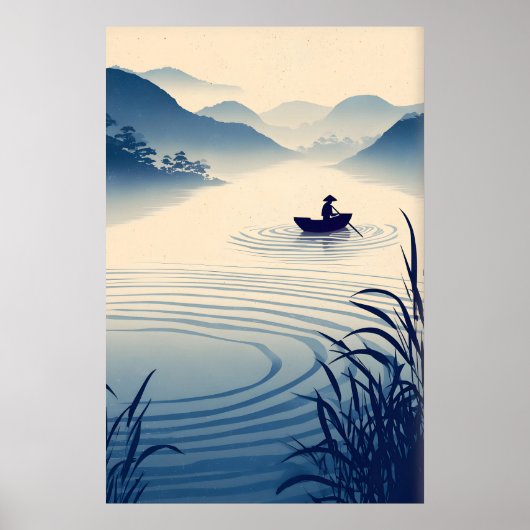 Rivier Landschap Muurkunst Minimalistisch Boot en Poster (Voorkant)