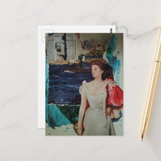 Rivier Landschap Vintage Dames Mixed Media Collage Briefkaart (Voorkant / Achterkant in situ)