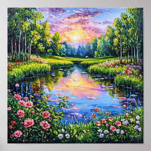 Rivier met Bloeiende Bloemen Landschapskunst Poster (Voorkant)