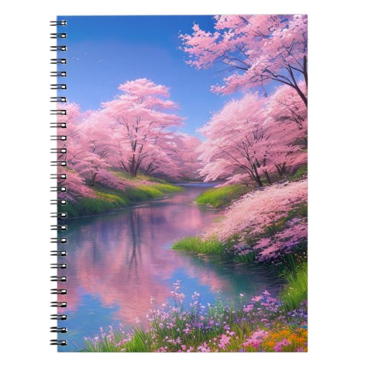 Rivier omarmd door Sakura Trees Charm Notitieboek (Voorkant)