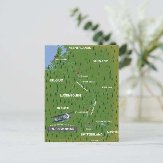 Rivier Rijn retro reis kaart. Ansichtkaart Briefkaart (Staand voorkant)