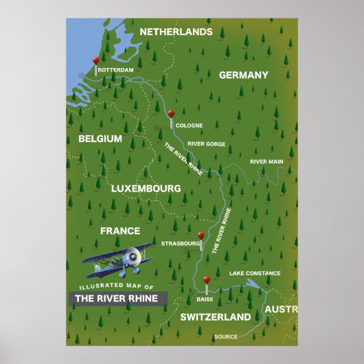 Rivier Rijn retro reis kaart. Poster (Voorkant)