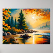 rivier schilderij rotsachtige dennenbos herfstmidd poster (Voorkant)