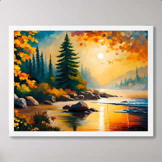 rivier schilderij rotsachtige dennenbos herfstmidd poster