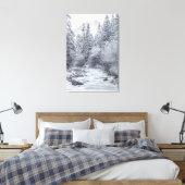 Rivier stroomt door besneeuwd winterbos Mojstrana Canvas Afdruk (Insitu (Slaapkamer))