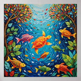 Rivier van het Leven - Gond Kunst met Vissen, Voge Poster