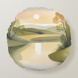 Rivier Zonsopgang | Aquarel Geel Rond Kussen