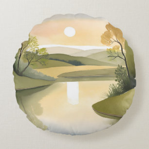 Rivier Zonsopgang   Aquarel Geel Rond Kussen