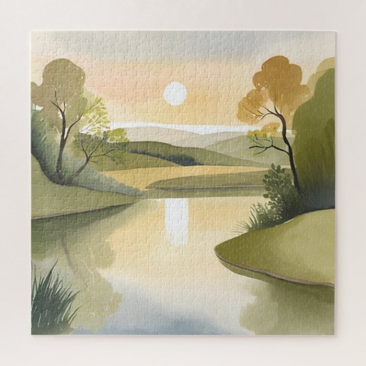 Rivier Zonsopgang | Waterverf Geel Legpuzzel (Verticaal)