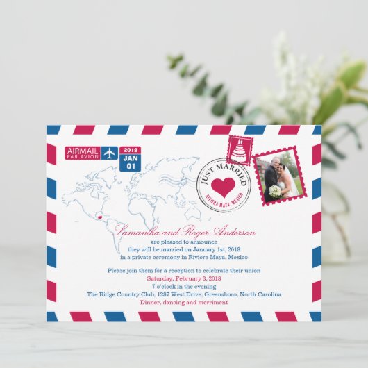 Riviera Maya Mexico Airmail Post Wedding Reception Kaart (Staand voorkant)