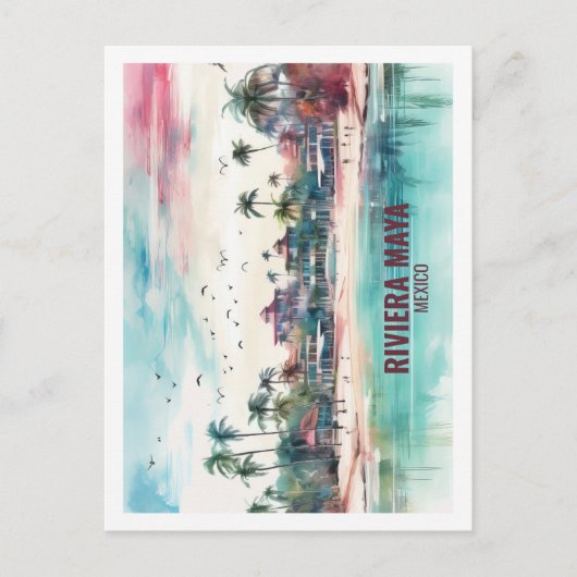 Riviera Maya Mexico Beroemde Reisplaats Waterverf Briefkaart (Voorkant)
