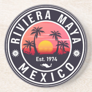 Riviera Maya Mexico Retro Zonsondergang Palm Souve Zandsteen Onderzetter