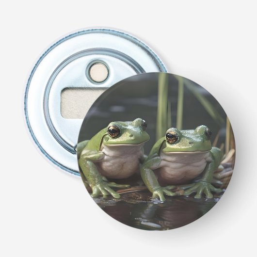 Riviergebonden Wonderen: Twee Vette Groene Kikkers Button Flesopener (Voorkant)