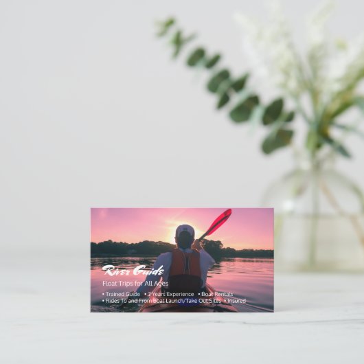 Riviergids, Kajakken bij zonsondergang, doe-het-ze Visitekaartje (Staand voorkant)